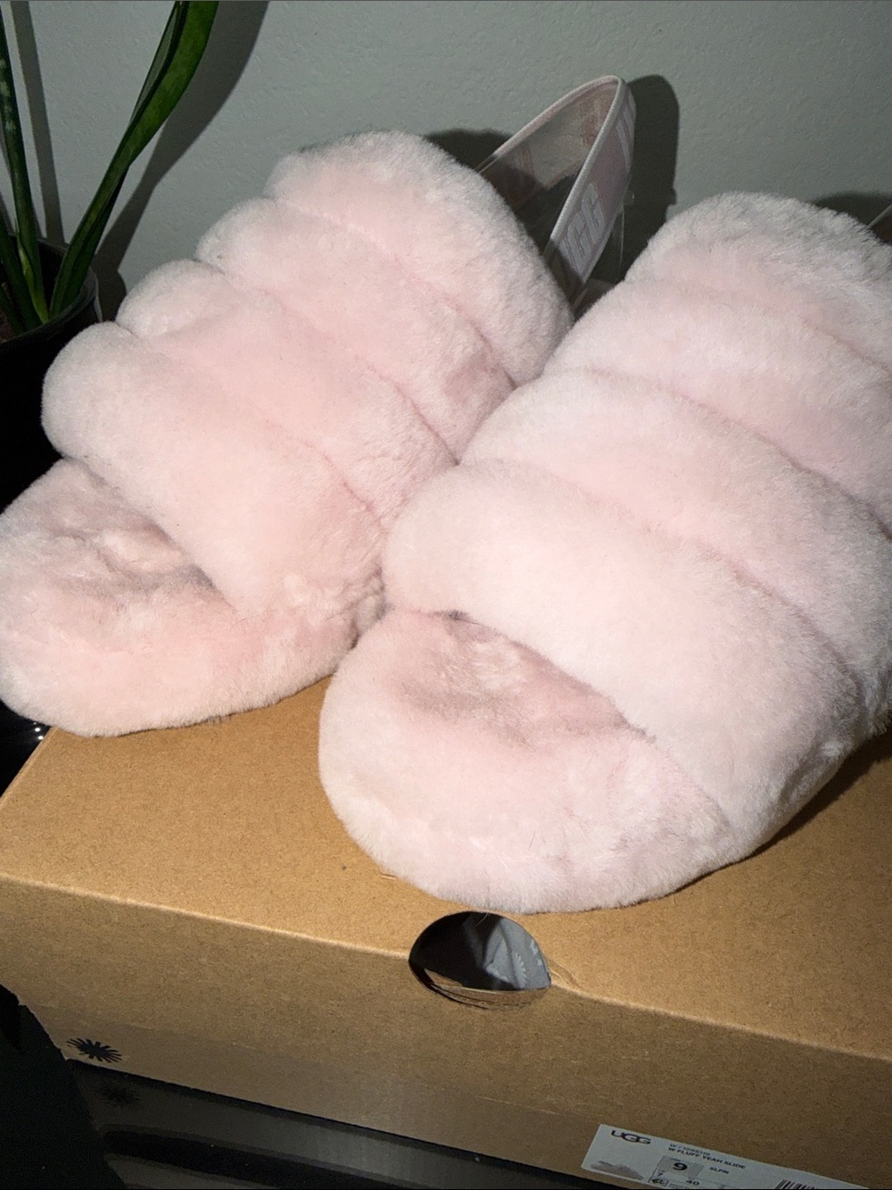 UGG Blush Pink Plush Slide Sandals with Branded Heel Strap - Picture 4 of 8